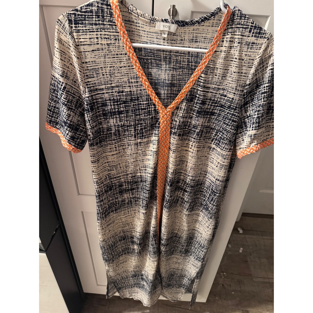 Voy Womens Navy Cream‎ Abstract Print V-Neck Midi Dress Orange Trim Size S
